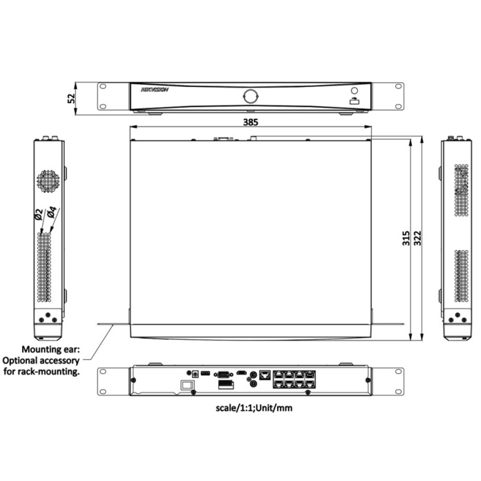 Rysunek techniczny rejestratora PoE Hikvision DS-7608NXI-K1/8P(D)